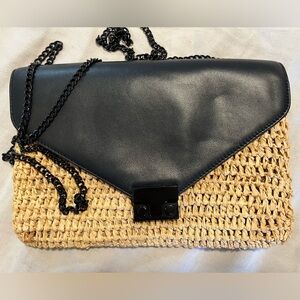 🖤LOEFFLER RANDALL🖤RAFFIA BLACK LEATHER ENVELOPE STYLE CLUTCH WITH CHAIN